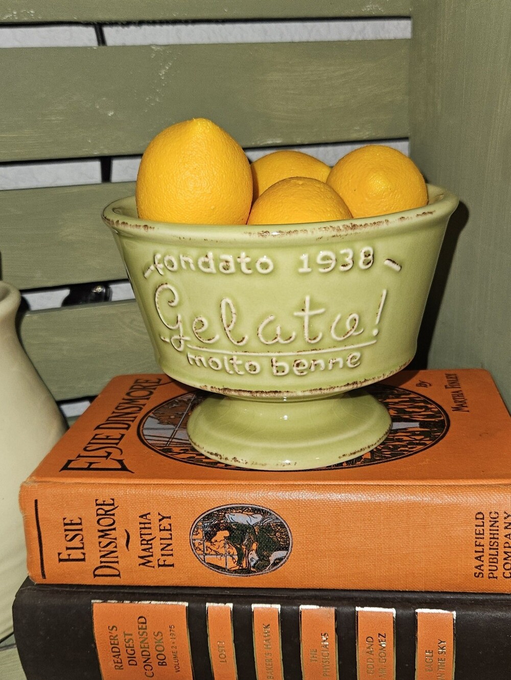Gelato! Decorative Ceramic Pedestal Bowl in Sage Green, Pink, And Orange
